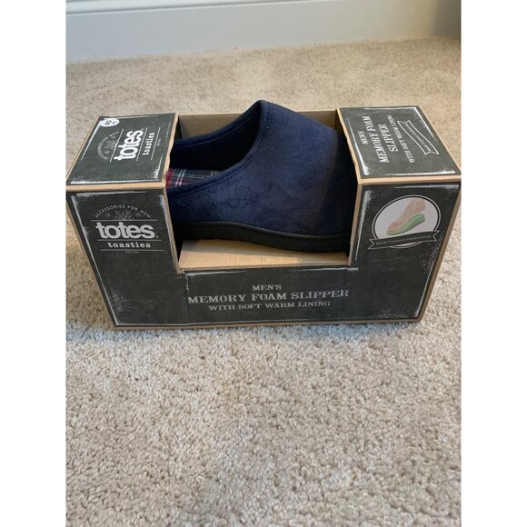 Totes Toasties Men's Memory Foam Slipper Navy W Lining Men's M 8-9 New In‎ Box - Picture 1 of 6